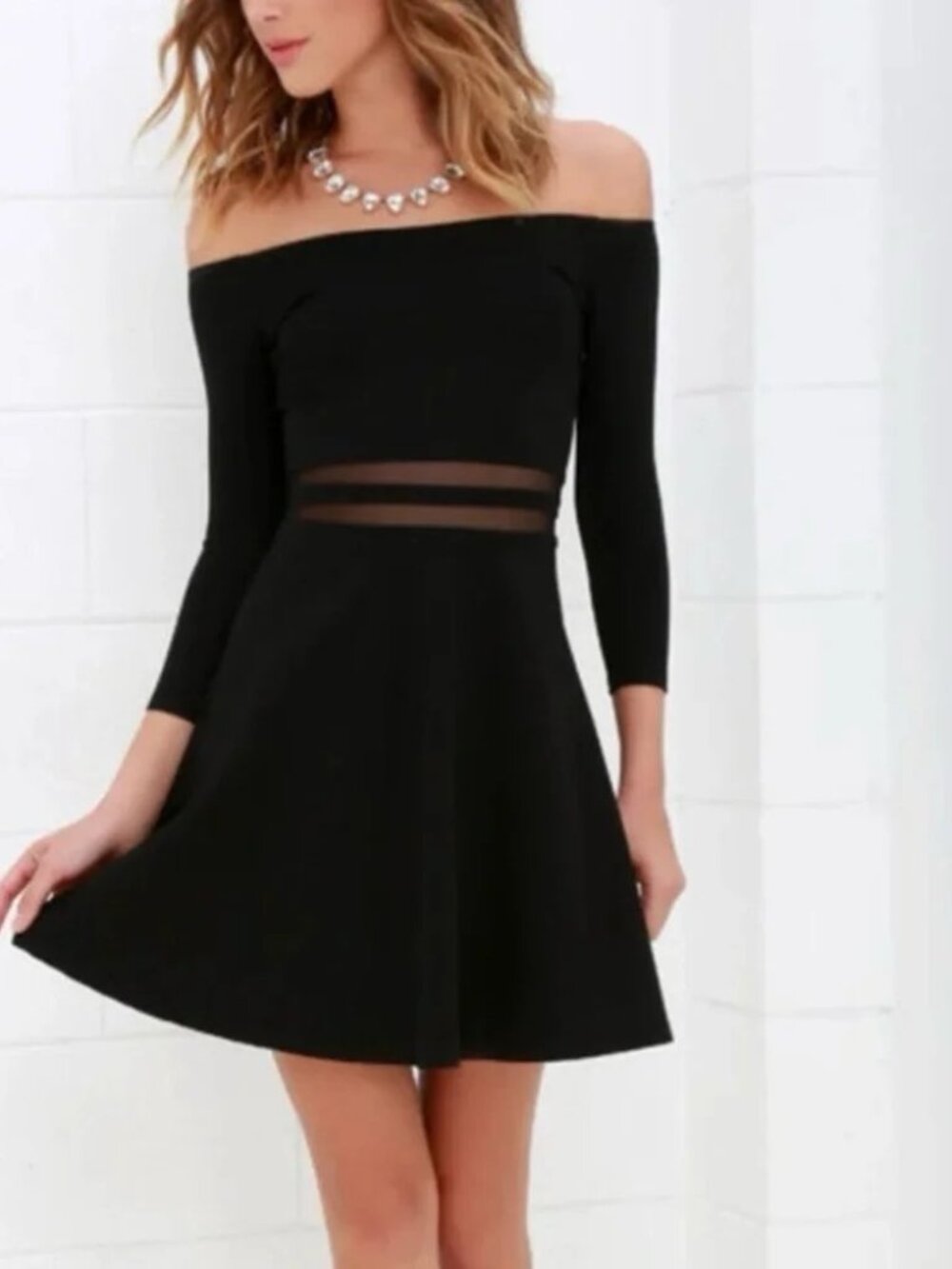 Lulu's Yes to the Mesh Black Off Shoulder Skater Flare Dress - XS
